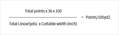 Total points x 36 x 100/Total Linear(yds)  x Cuttable width (inch)=Points/100yd2